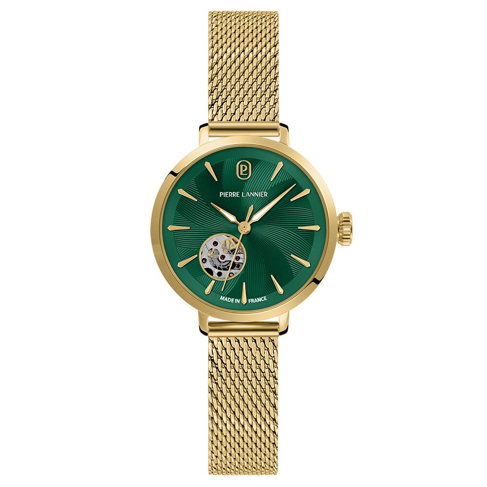 PIERRE LANNIER Ladies Automatic Watch SOLINE Sunray Green Dial Gold Milanese stainless steel 12MM Strap 139L572