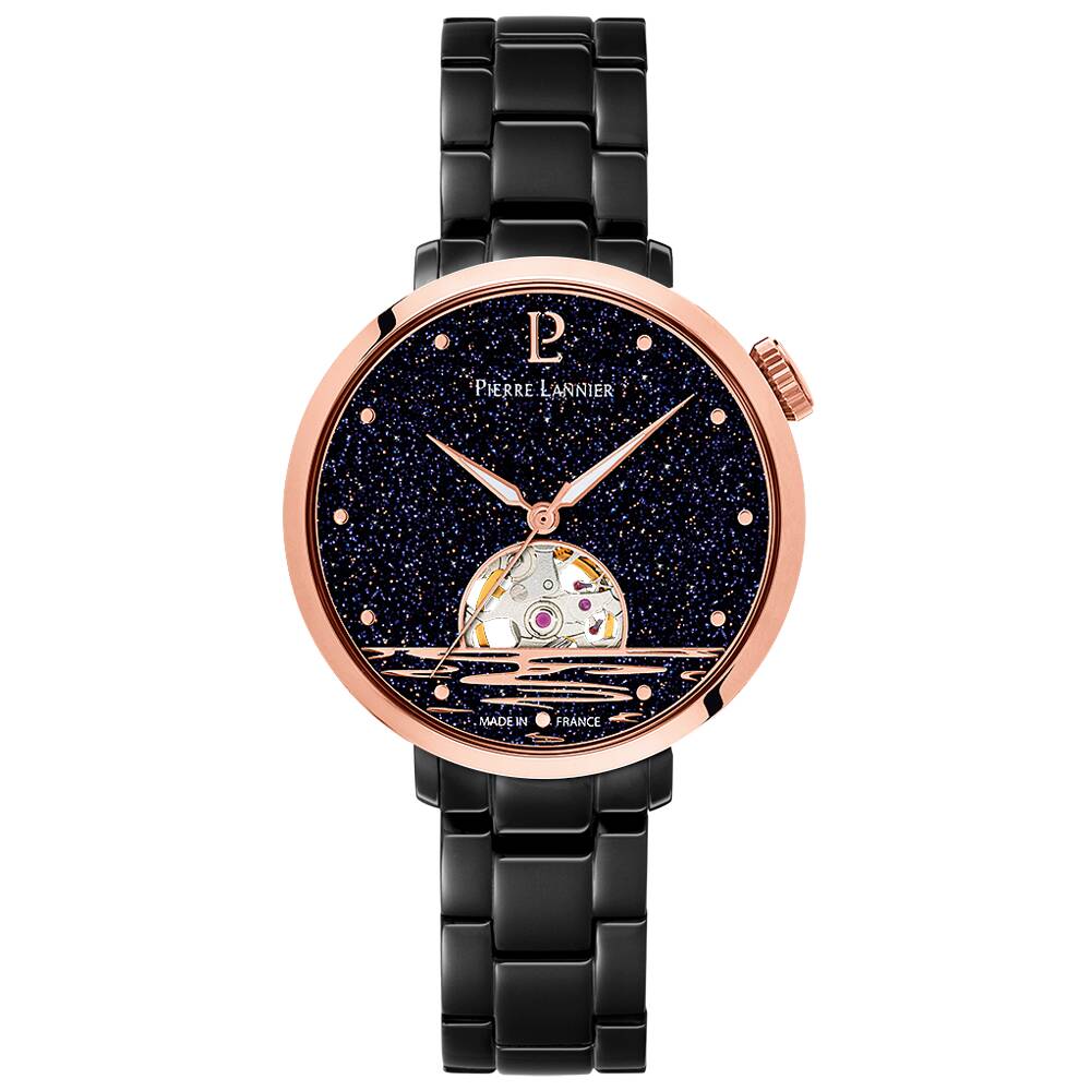 PIERRE LANNIER Ladies Automatic Watch AUSTRALE Aventurine Black Dial Grey Stainless steel 14MM Strap 149K739