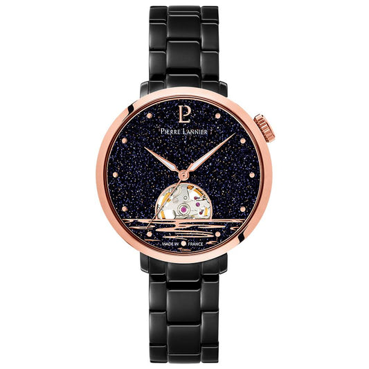 PIERRE LANNIER Ladies Automatic Watch AUSTRALE Aventurine Black Dial Grey Stainless steel 14MM Strap 149K739