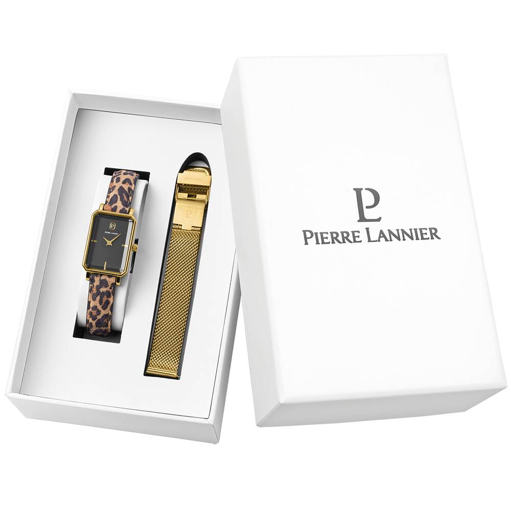 PIERRE LANNIER Ladies Set ARIANE Black Dial Leopard Milanese stainless steel 12MM Strap 166F539
