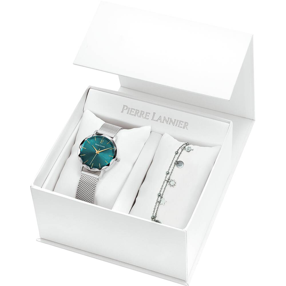 PIERRE LANNIER Ladies Set MULTIPLES Sunray Green Dial Silver Milanese stainless steel 14MM Strap 179F671