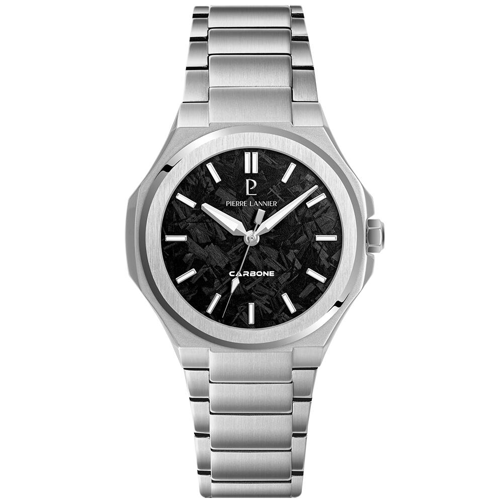 PIERRE LANNIER Men Quartz Watch GRAPHITE Carbon Black Dial Silver Stainless steel 24MM Strap 201G181