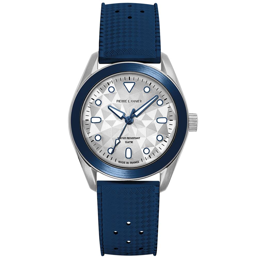 PIERRE LANNIER Unisex Quartz Watch BORA Sunray Silver Dial Blue Rubber FKM 20MM Strap 207K126