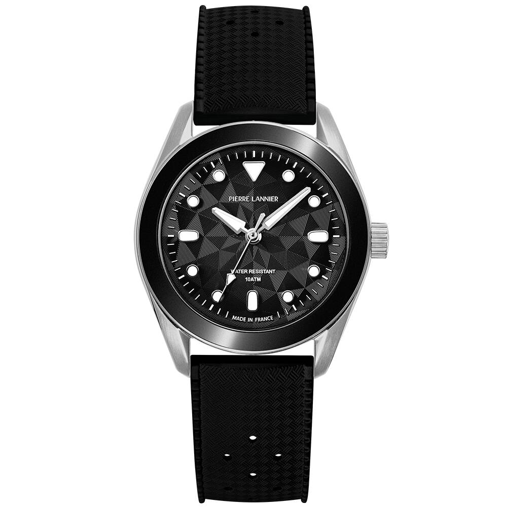 PIERRE LANNIER Unisex Quartz Watch BORA Black Dial Black Rubber FKM 20MM Strap 207K133