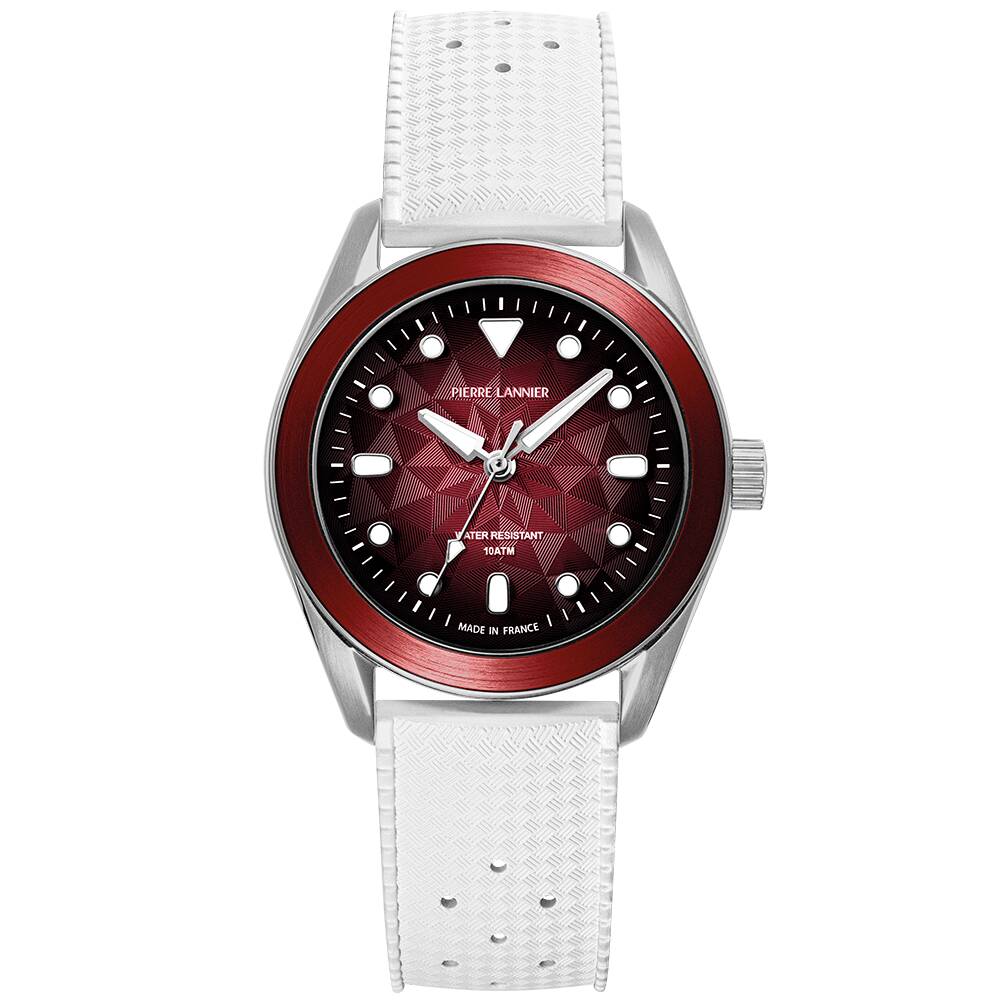 PIERRE LANNIER Unisex Quartz Watch BORA Sunray Burgundy Dial White Rubber FKM 20MM Strap 207K151