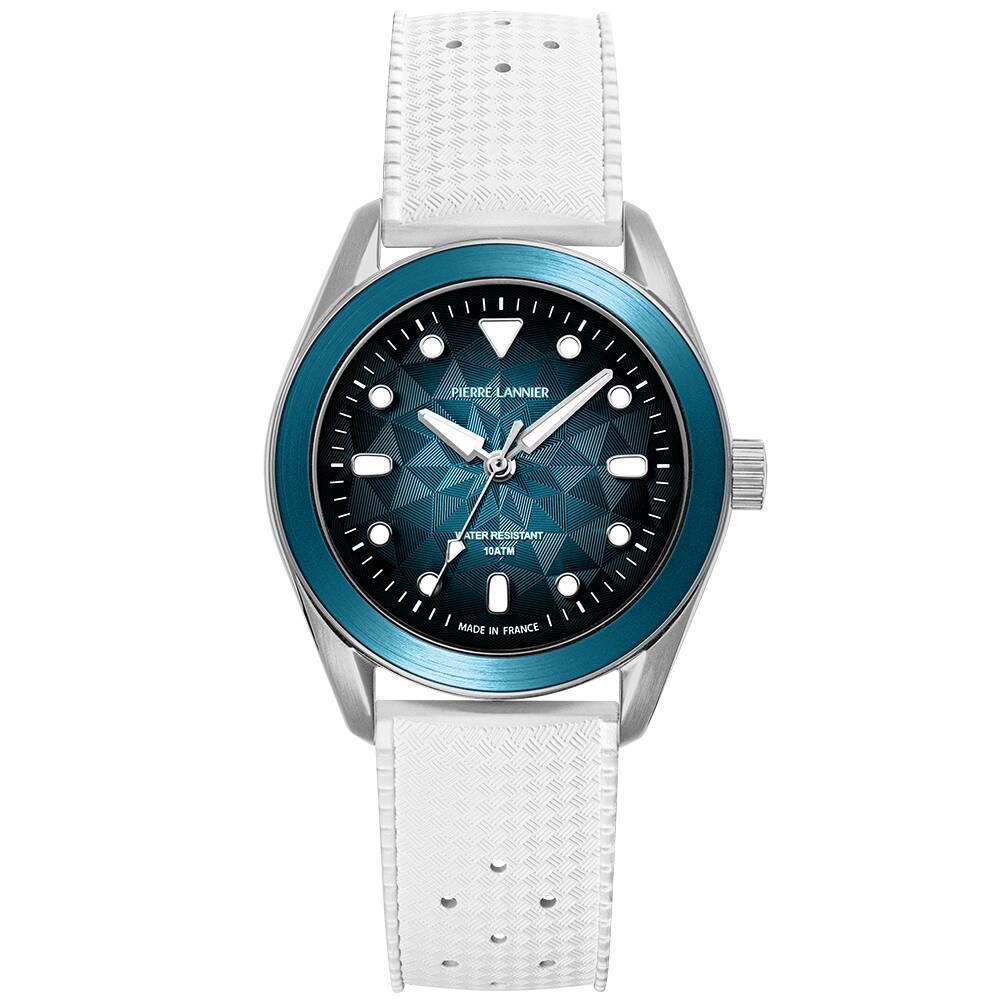 PIERRE LANNIER Unisex Quartz Watch BORA Sunray Blue Dial White Rubber FKM 20MM Strap 207K161