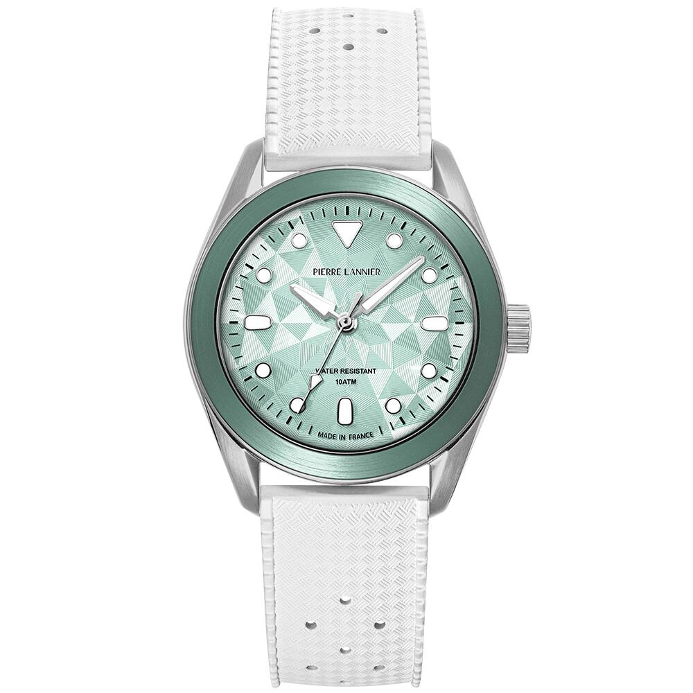 PIERRE LANNIER Unisex Quartz Watch BORA Sunray Green Dial White Rubber FKM 20MM Strap 207K171