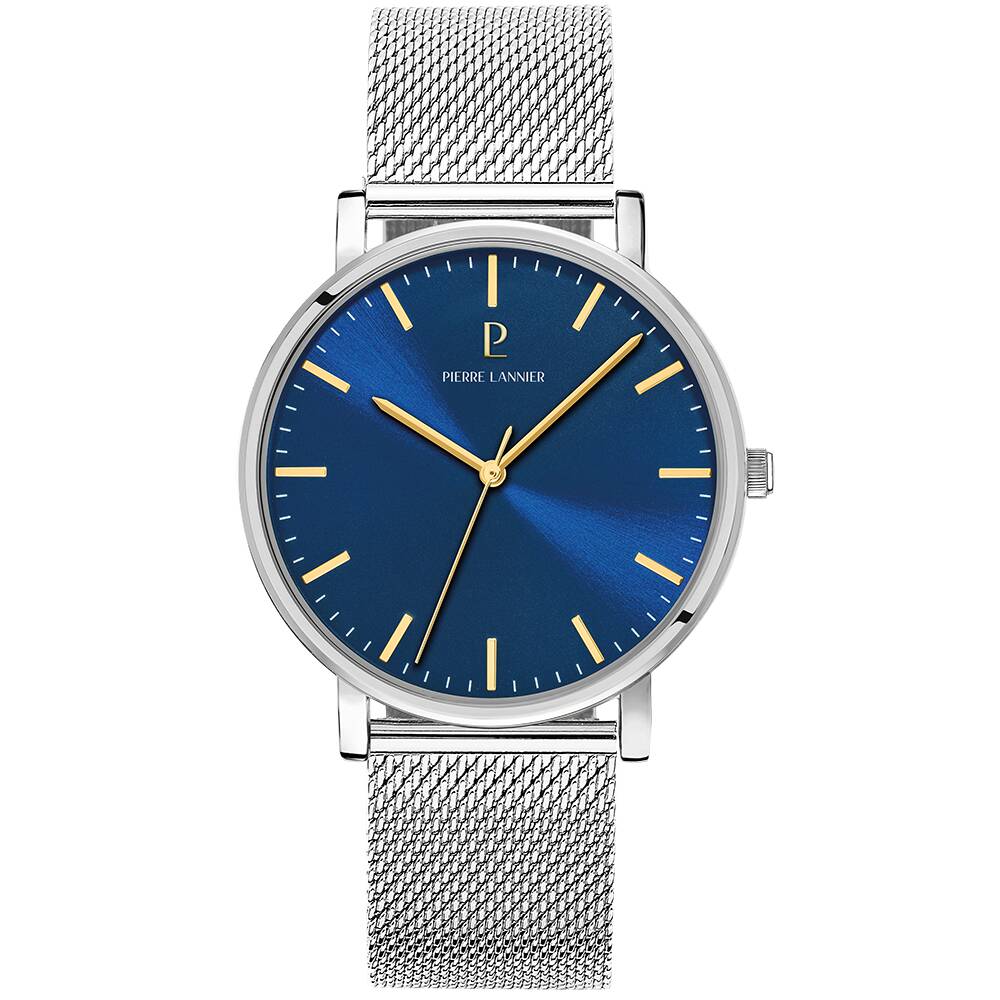 PIERRE LANNIER Men Quartz Watch ESSENTIAL Sunray Blue Dial Silver Milanese stainless steel 20MM Strap 217G161