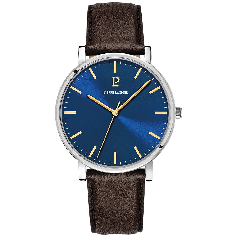 PIERRE LANNIER Men Quartz Watch ESSENTIAL Sunray Blue Dial Brown Leather 20MM Strap 217G164