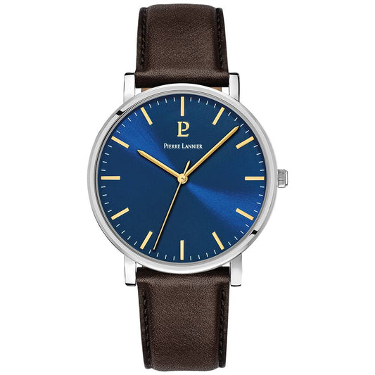 PIERRE LANNIER Men Quartz Watch ESSENTIAL Sunray Blue Dial Brown Leather 20MM Strap 217G164