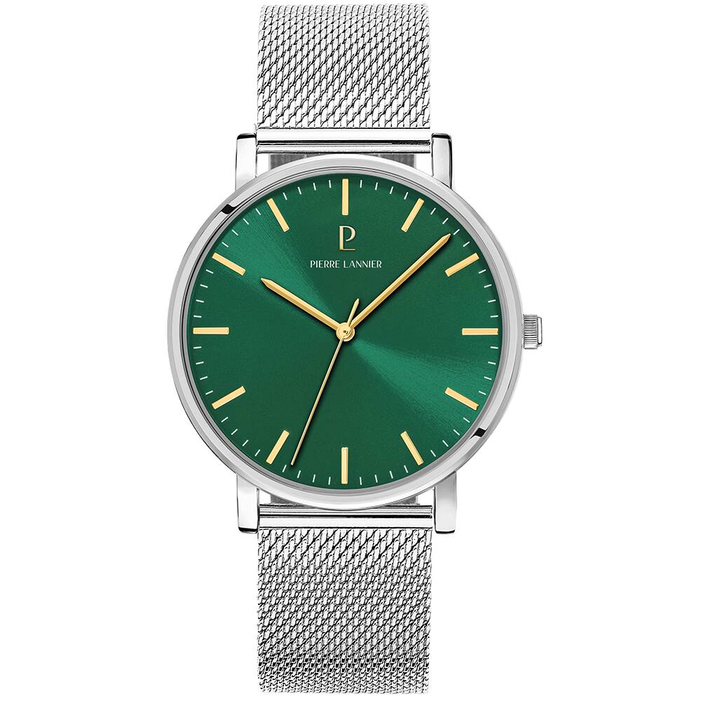 PIERRE LANNIER Men Quartz Watch ESSENTIAL Sunray Green Dial Silver Milanese stainless steel 20MM Strap 217G171
