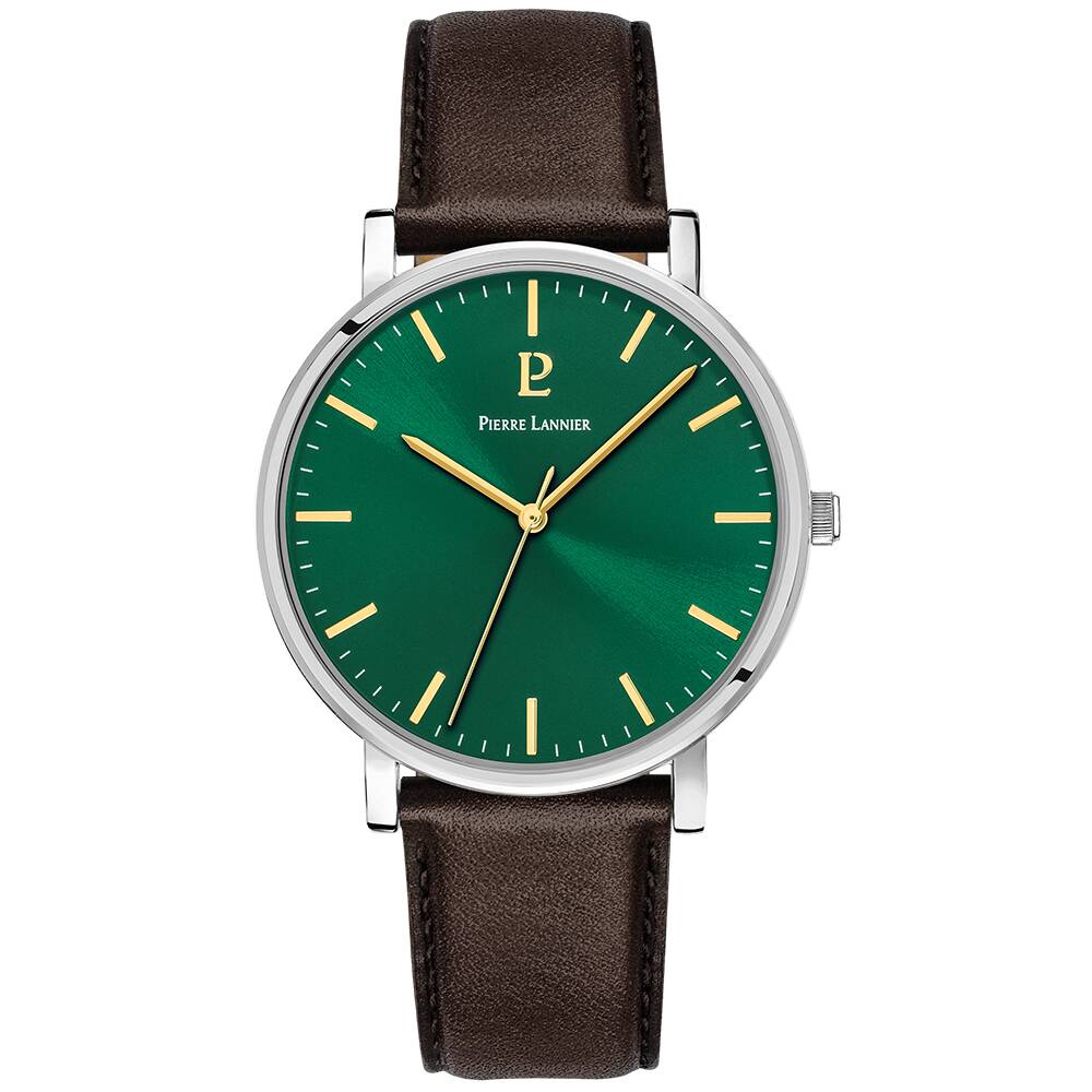 PIERRE LANNIER Men Quartz Watch ESSENTIAL Sunray Green Dial Brown Leather 20MM Strap 217G174