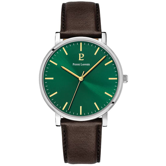 PIERRE LANNIER Men Quartz Watch ESSENTIAL Sunray Green Dial Brown Leather 20MM Strap 217G174