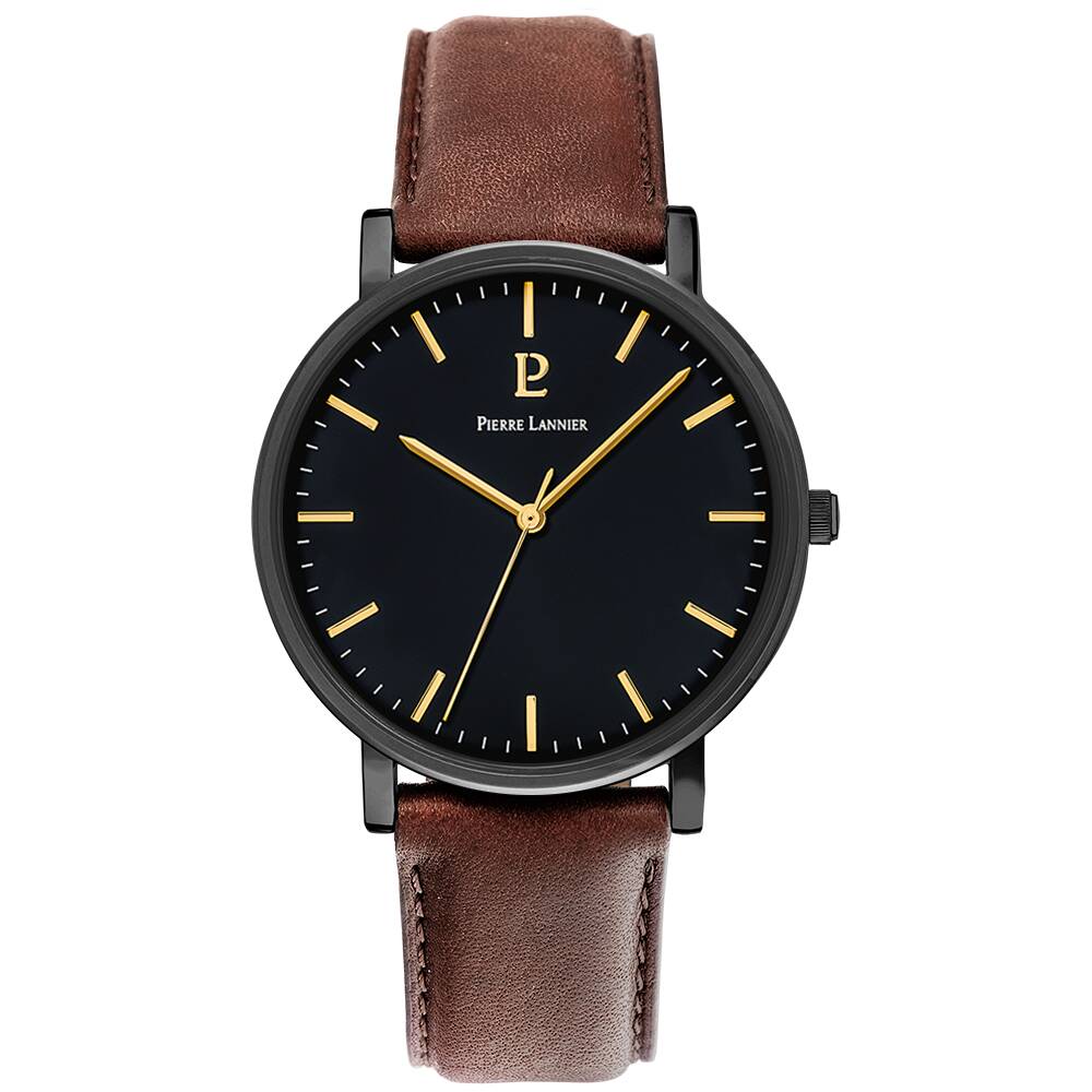 PIERRE LANNIER Men Quartz Watch ESSENTIAL Black Dial Brown Leather 20MM Strap 218F434