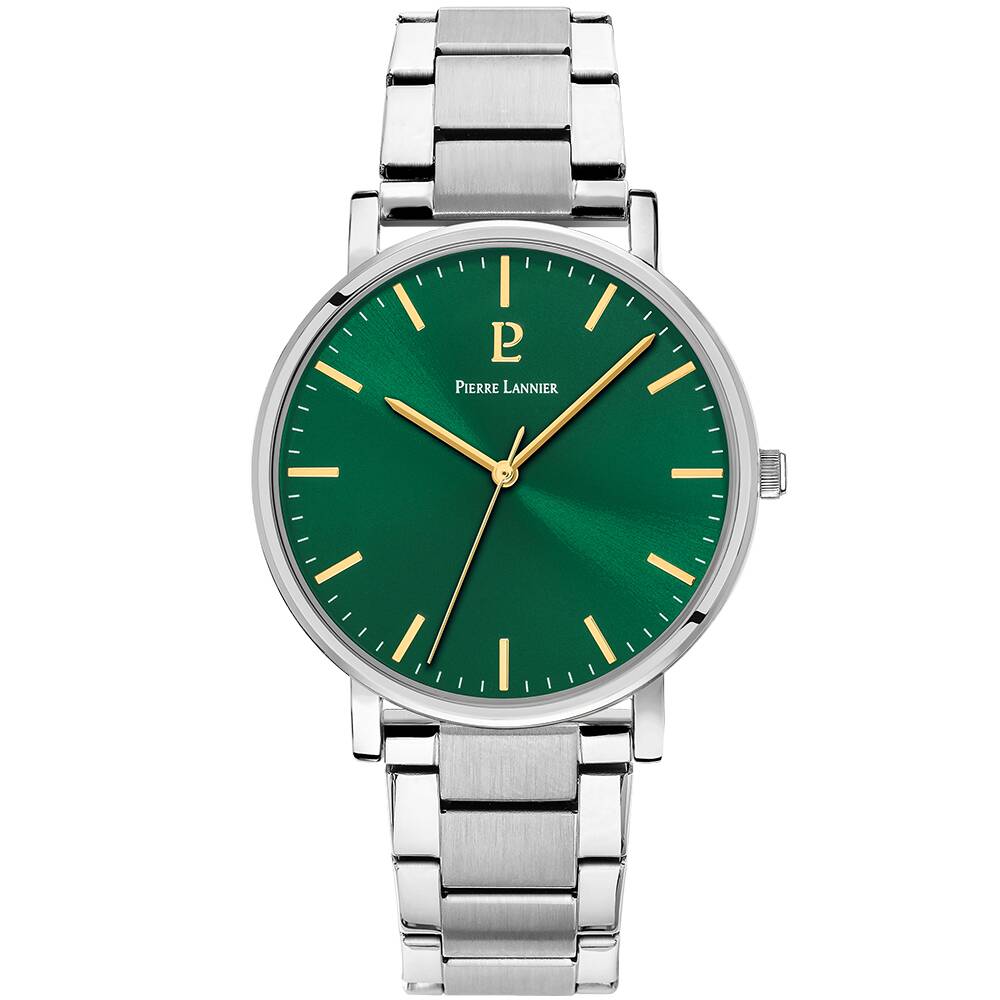PIERRE LANNIER Men Quartz Watch ESSENTIAL Sunray Green Dial Silver Stainless steel 20MM Strap 251G171