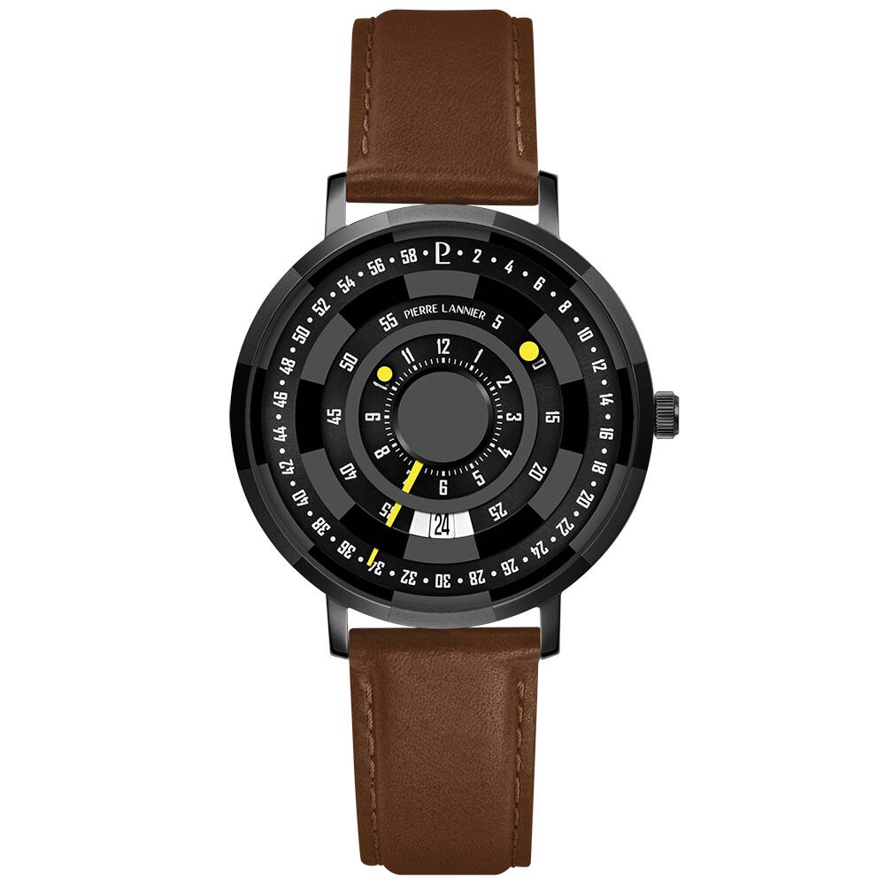PIERRE LANNIER Men Quartz Watch BLACKJACK Sunray Black Dial Brown Leather 18MM Strap 254D434