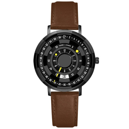 PIERRE LANNIER Men Quartz Watch BLACKJACK Sunray Black Dial Brown Leather 18MM Strap 254D434