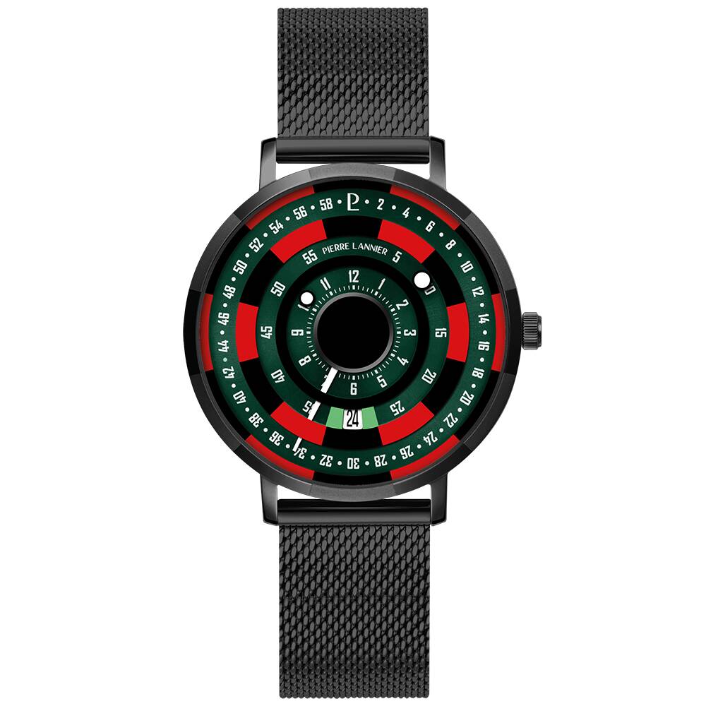 PIERRE LANNIER Men Quartz Watch BLACKJACK Sunray Green Dial Black Milanese stainless steel 18MM Strap 254D499