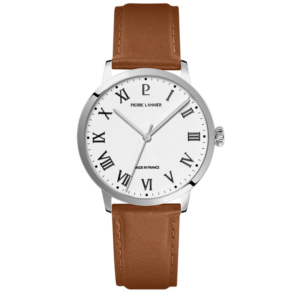PIERRE LANNIER Men Quartz Watch INTERVAL White Dial Brown Leather 20MM Strap 255G104