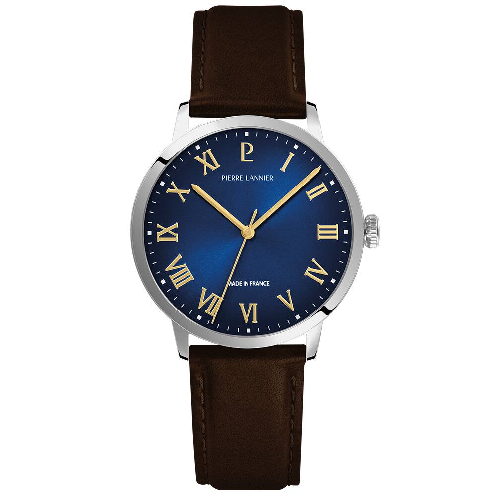 PIERRE LANNIER Men Quartz Watch INTERVAL Sunray Blue Dial Brown Leather 20MM Strap 255G164