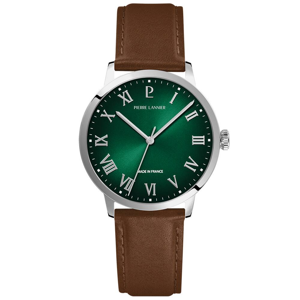 PIERRE LANNIER Men Quartz Watch INTERVAL Sunray Green Dial Brown Leather 20MM Strap 255G174