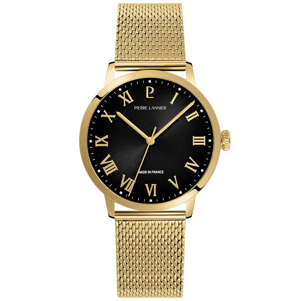 PIERRE LANNIER Men Quartz Watch INTERVAL Black Dial Gold Milanese stainless steel 20MM Strap 256G032
