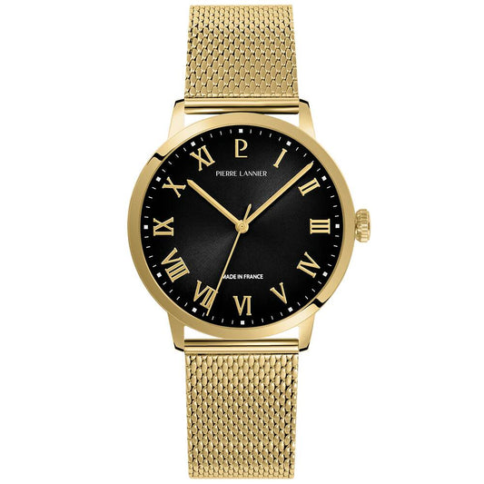 PIERRE LANNIER Men Quartz Watch INTERVAL Black Dial Gold Milanese stainless steel 20MM Strap 256G032