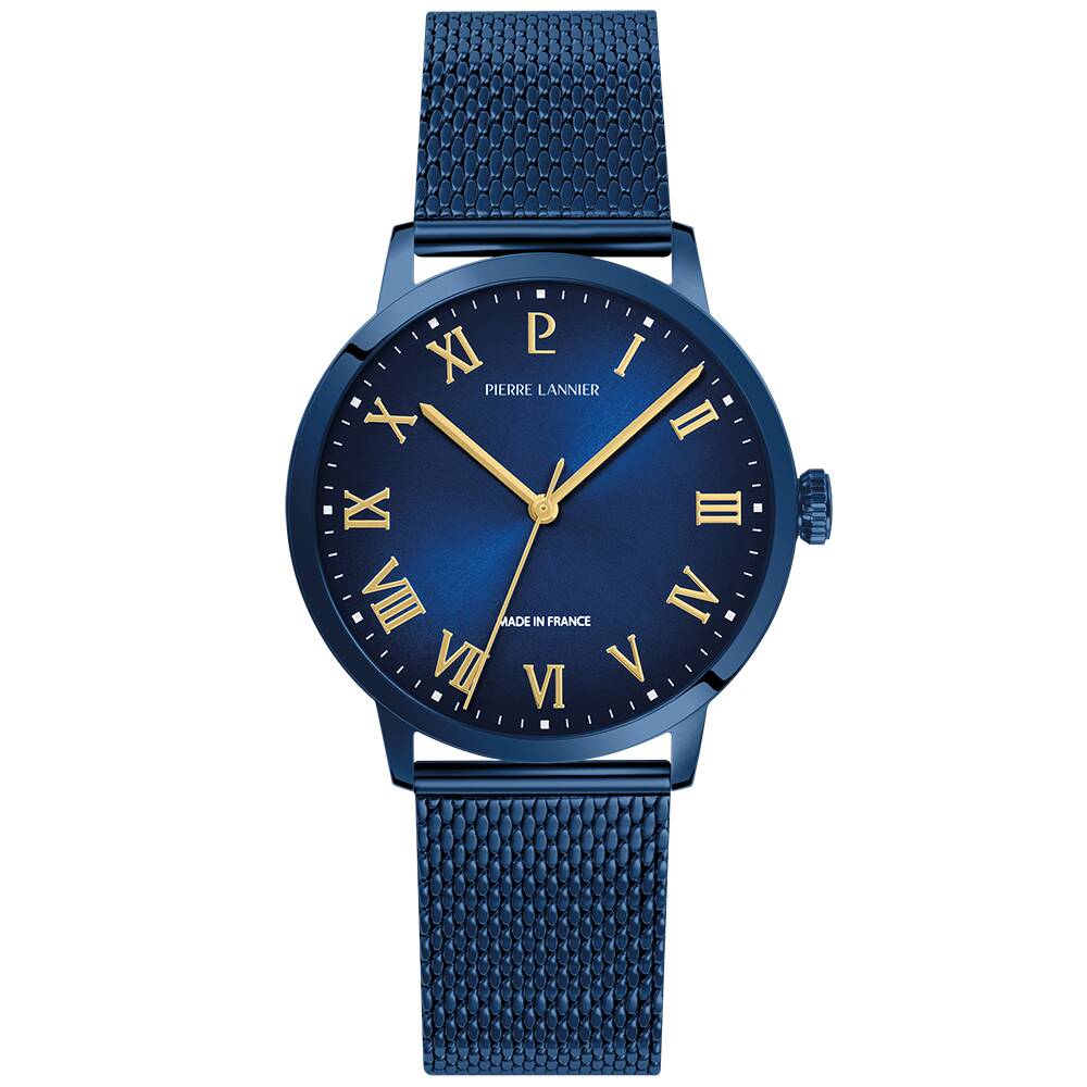 PIERRE LANNIER Men Quartz Watch INTERVAL Sunray Blue Dial Blue Milanese stainless steel 20MM Strap 256G469