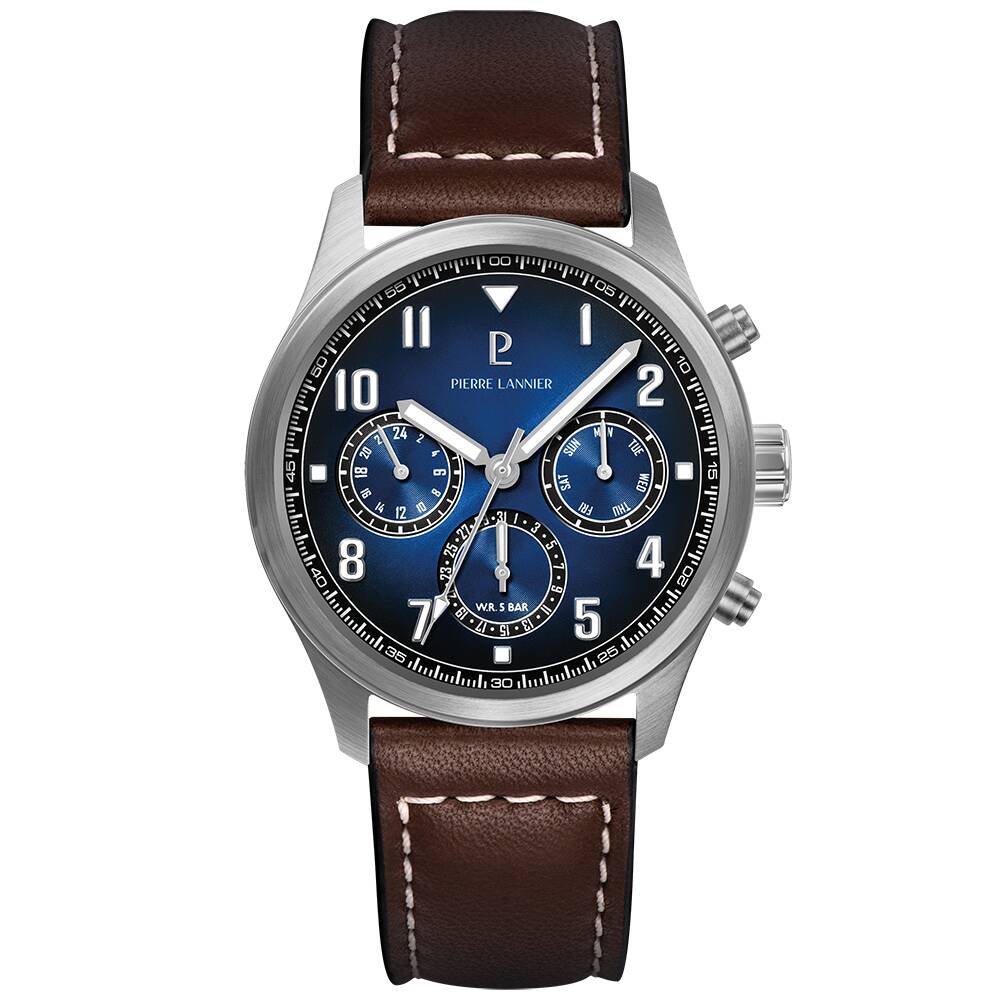 PIERRE LANNIER Men Quartz Watch AVIATEUR Sunray Blue Dial Brown Leather 22MM Strap 257H164