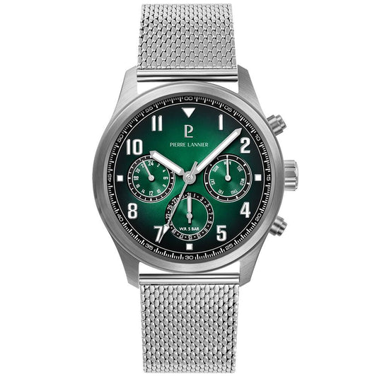 PIERRE LANNIER Men Quartz Watch AVIATEUR Sunray Green Dial Silver Milanese stainless steel 22MM Strap 257H171