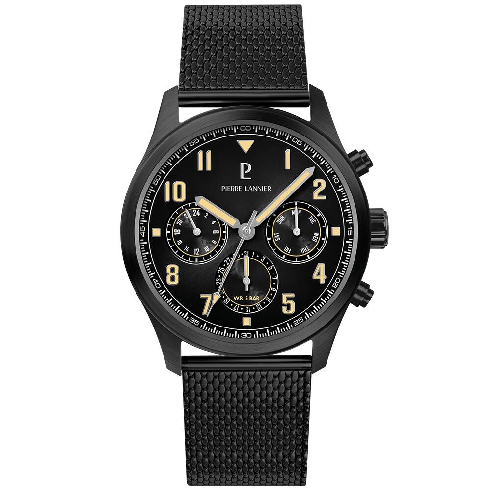 PIERRE LANNIER Men Quartz Watch AVIATEUR Sunray Grey Dial Black Milanese stainless steel 22MM Strap 258M439