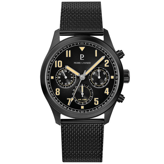 PIERRE LANNIER Men Quartz Watch AVIATEUR Sunray Grey Dial Black Milanese stainless steel 22MM Strap 258M439