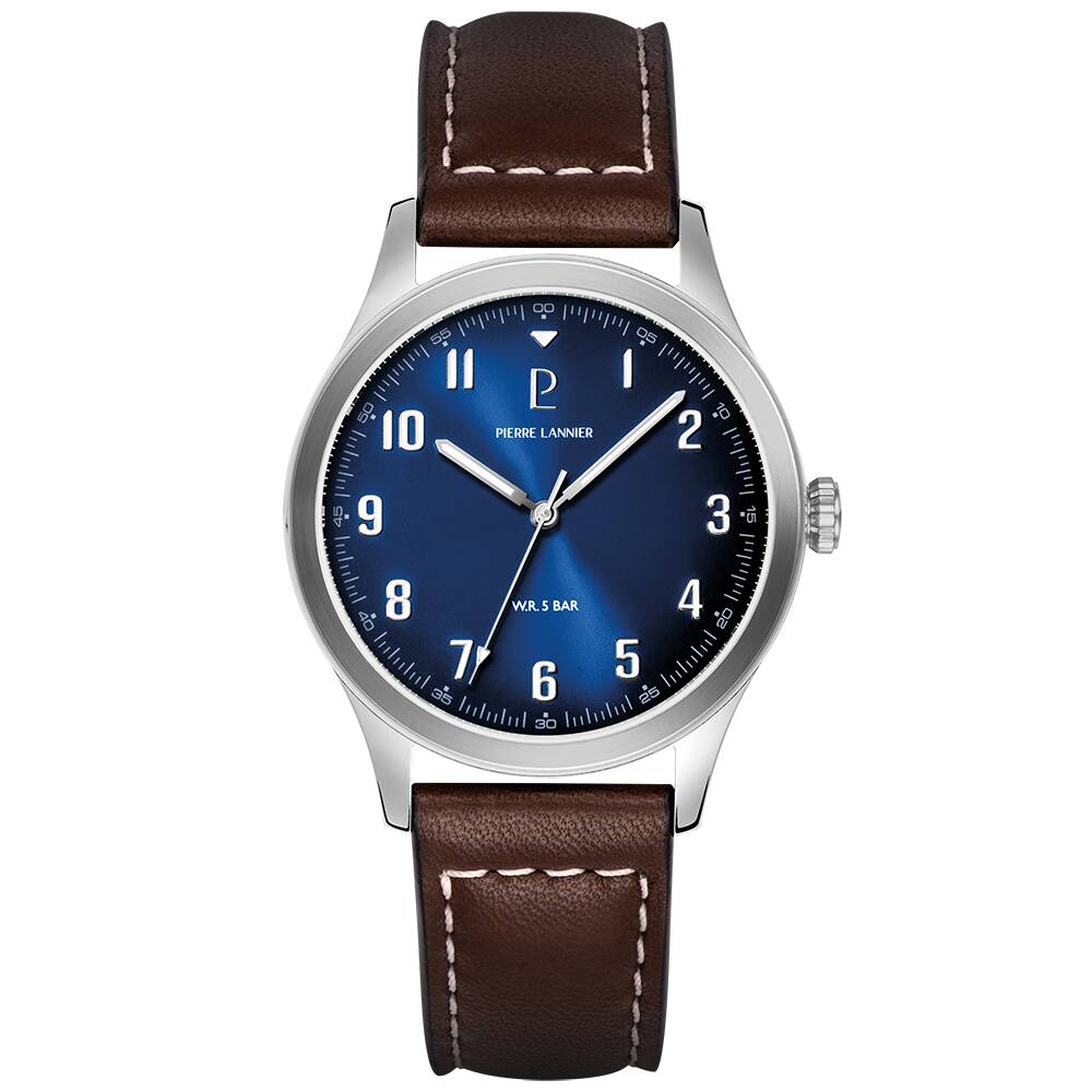 PIERRE LANNIER Men Quartz Watch AVIATEUR Sunray Blue Dial Brown Leather 20MM Strap 260G164