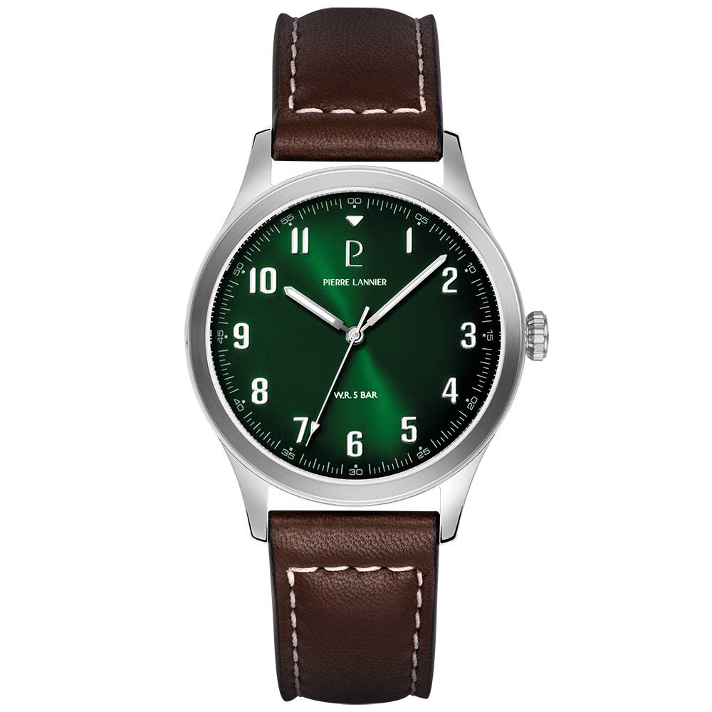 PIERRE LANNIER Men Quartz Watch AVIATEUR Sunray Green Dial Brown Leather 20MM Strap 260G174