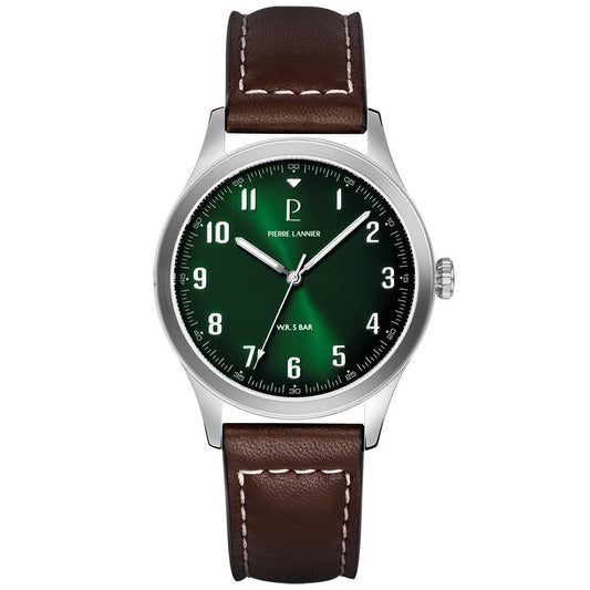 PIERRE LANNIER Men Quartz Watch AVIATEUR Sunray Green Dial Brown Leather 20MM Strap 260G174