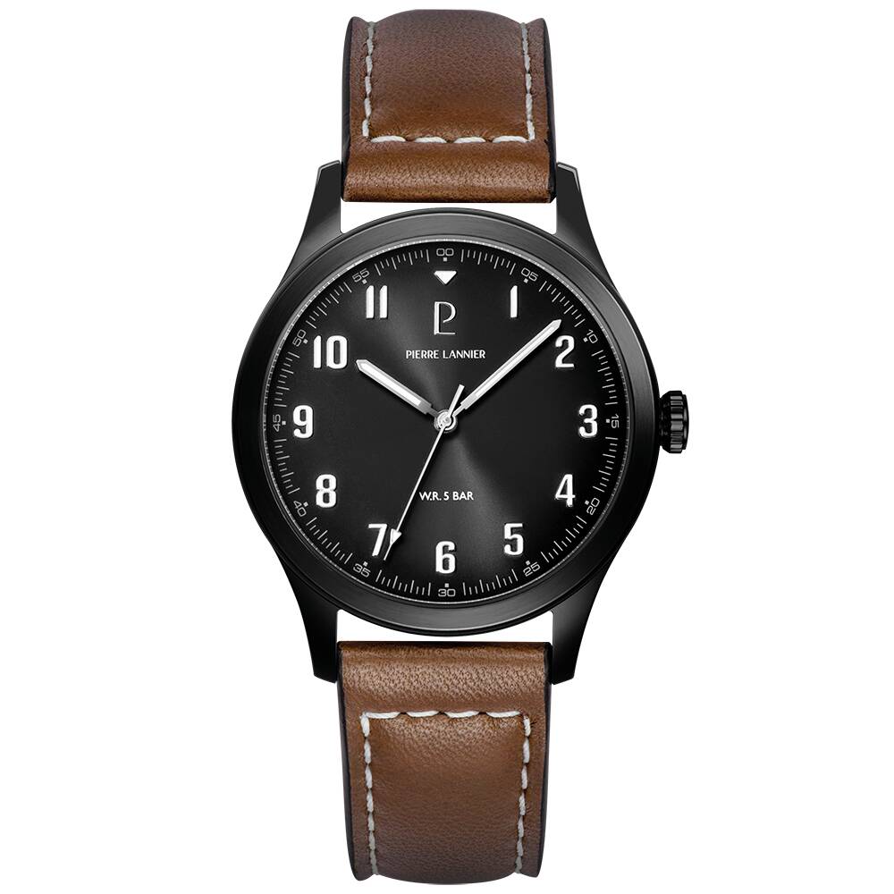 PIERRE LANNIER Men Quartz Watch AVIATEUR Sunray Grey Dial Brown Leather 20MM Strap 261K434