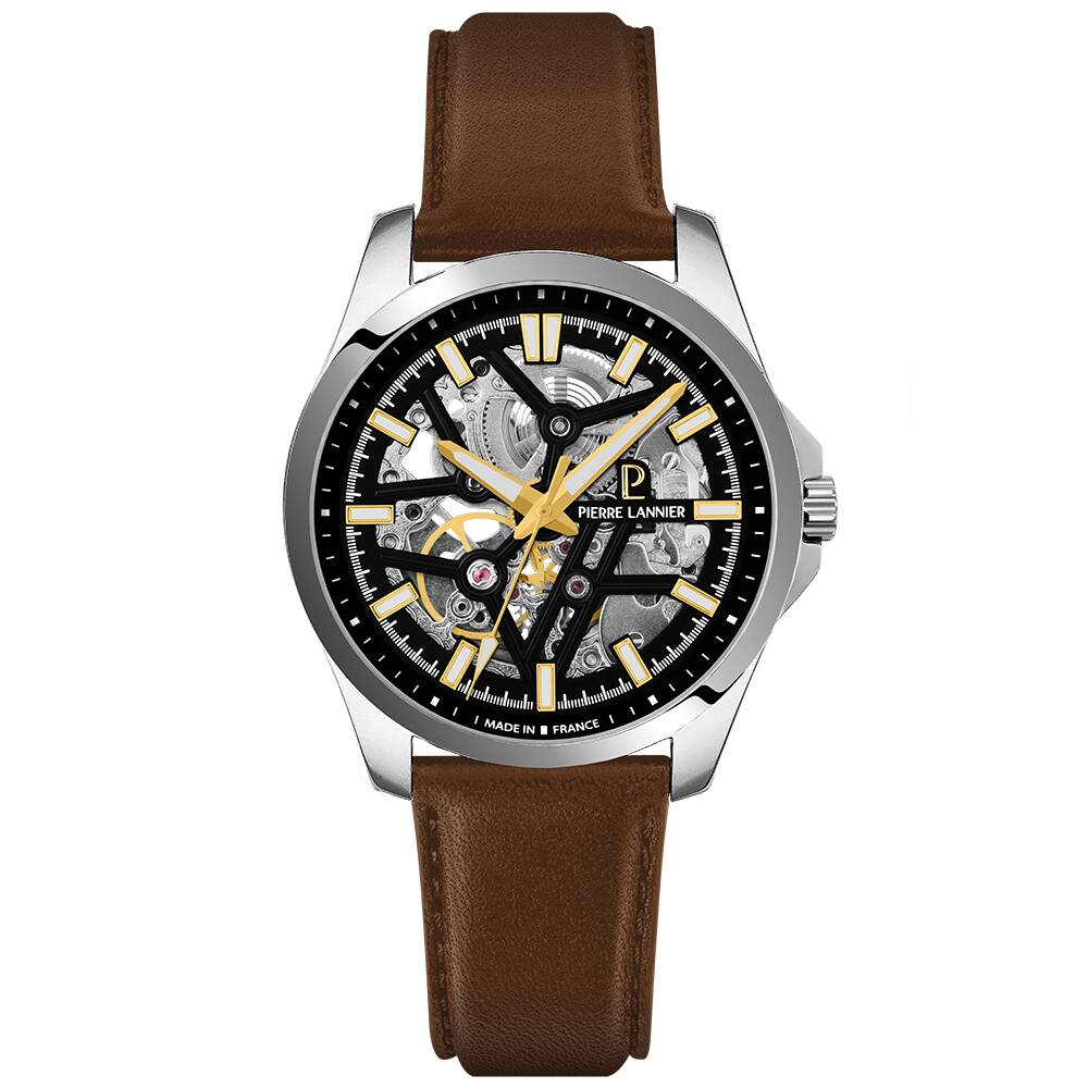 PIERRE LANNIER Men Automatic Watch SKELETOM Sunray Black Dial Brown Leather 20MM Strap 304G134