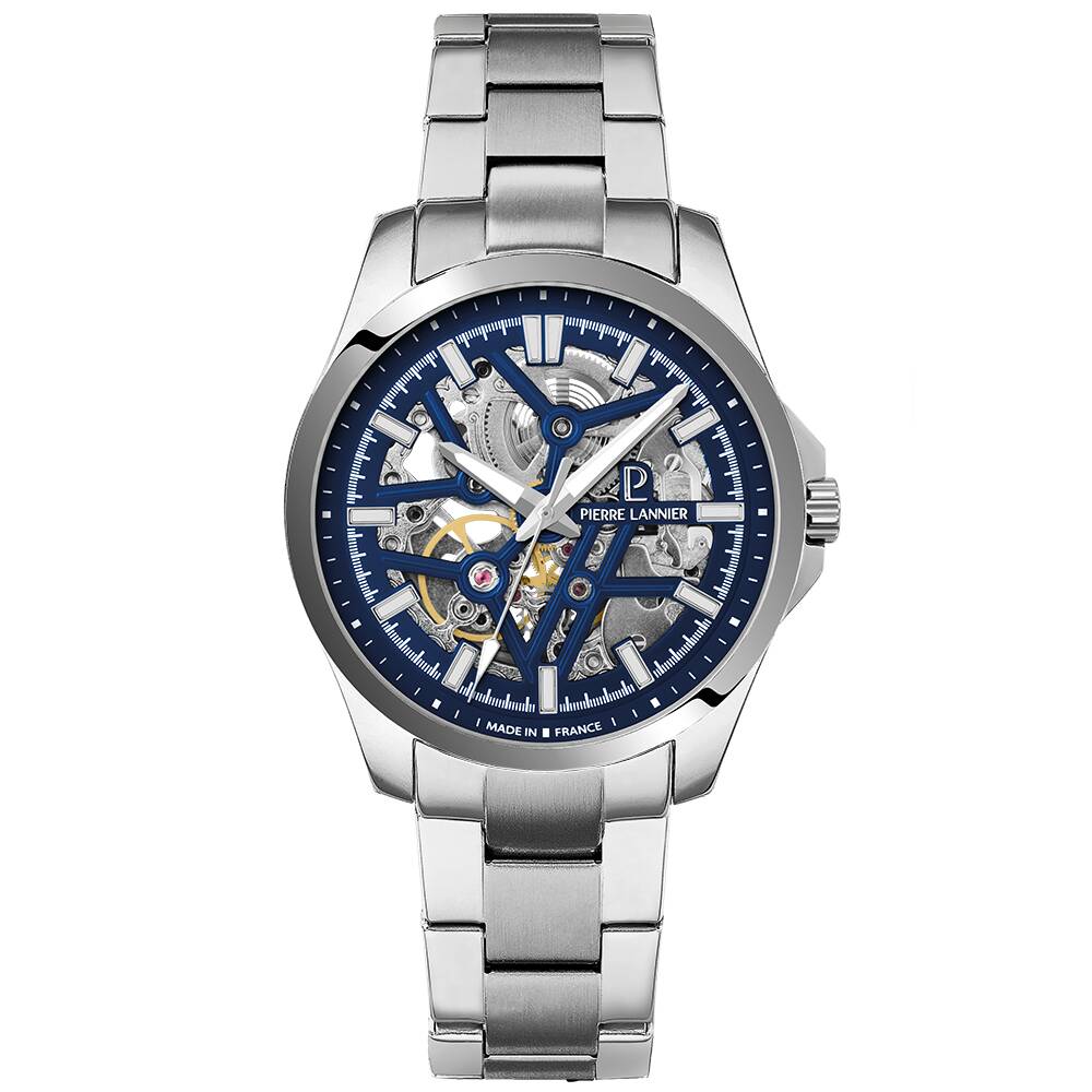 PIERRE LANNIER Men Automatic Watch SKELETOM Sunray Blue Dial Silver Stainless steel 20MM Strap 304G161