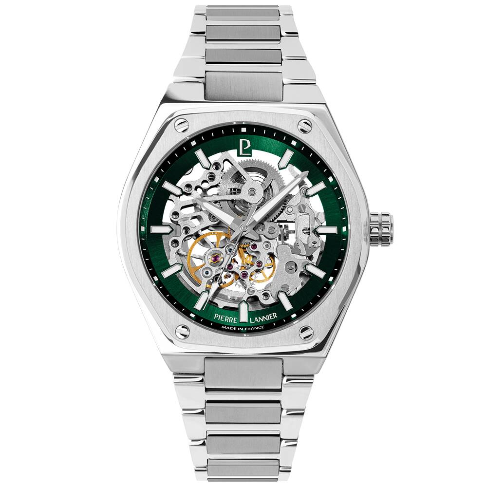 PIERRE LANNIER Men Automatic Watch COPILOTE Sunray Green Dial Silver Stainless steel 22MM Strap 308G171
