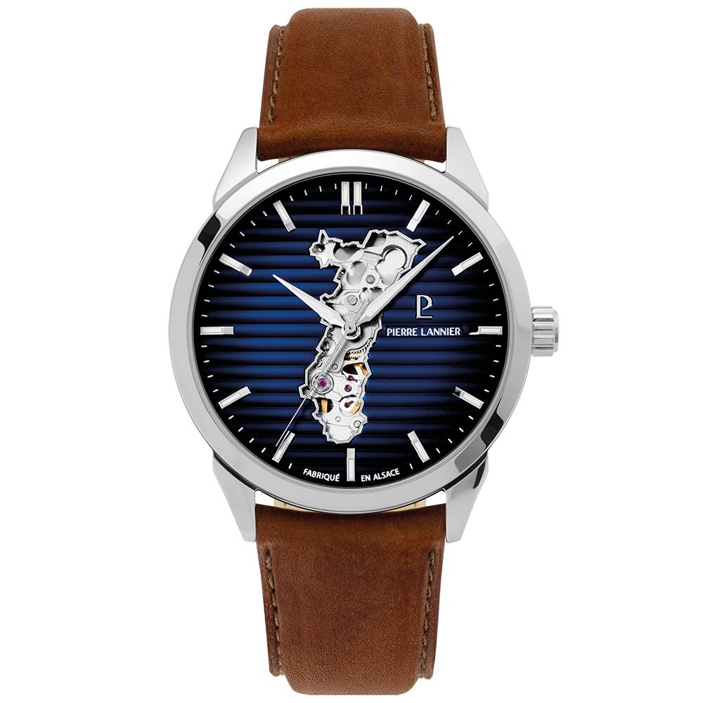 PIERRE LANNIER Men Automatic Watch MONARCK Alsace Blue Dial Brown Leather 22MM Strap 316F114