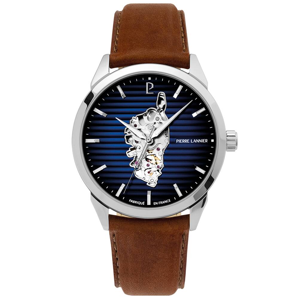 PIERRE LANNIER Men Automatic Watch MONARCK Corsica Blue Dial Brown Leather 22MM Strap 316F124
