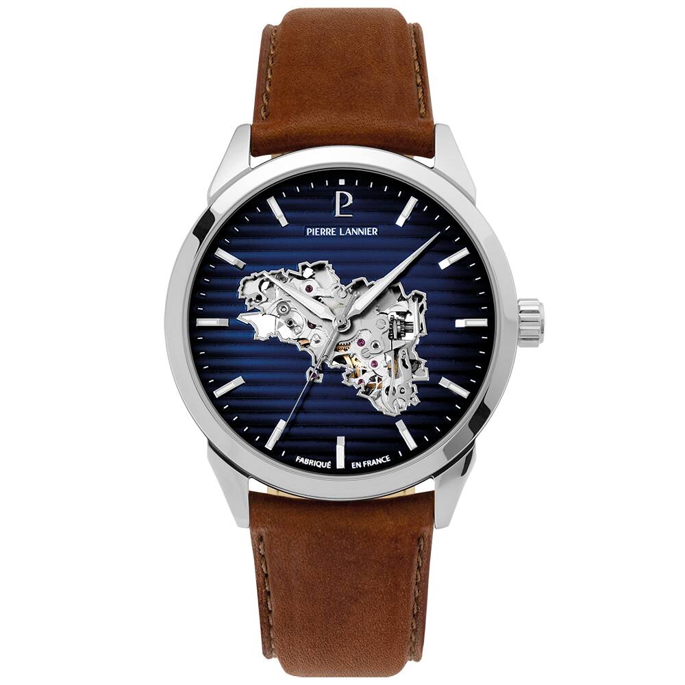 PIERRE LANNIER Men Automatic Watch MONARCK Brittany Blue Dial Brown Leather 22MM Strap 316F134