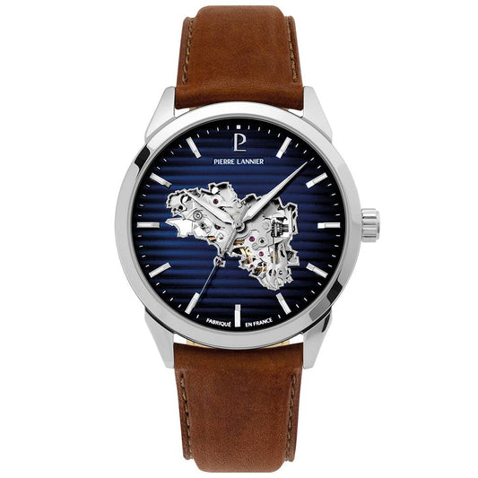 PIERRE LANNIER Men Automatic Watch MONARCK Brittany Blue Dial Brown Leather 22MM Strap 316F134