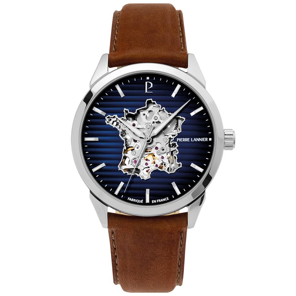 PIERRE LANNIER Men Automatic Watch MONARCK France Blue Dial Brown Leather 22MM Strap 316F164