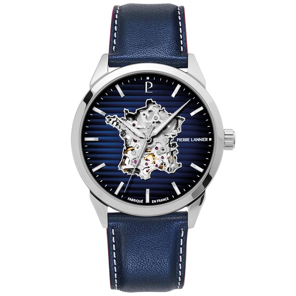 PIERRE LANNIER Men Automatic Watch MONARCK France Blue Dial Blue Leather 22MM Strap 316F166