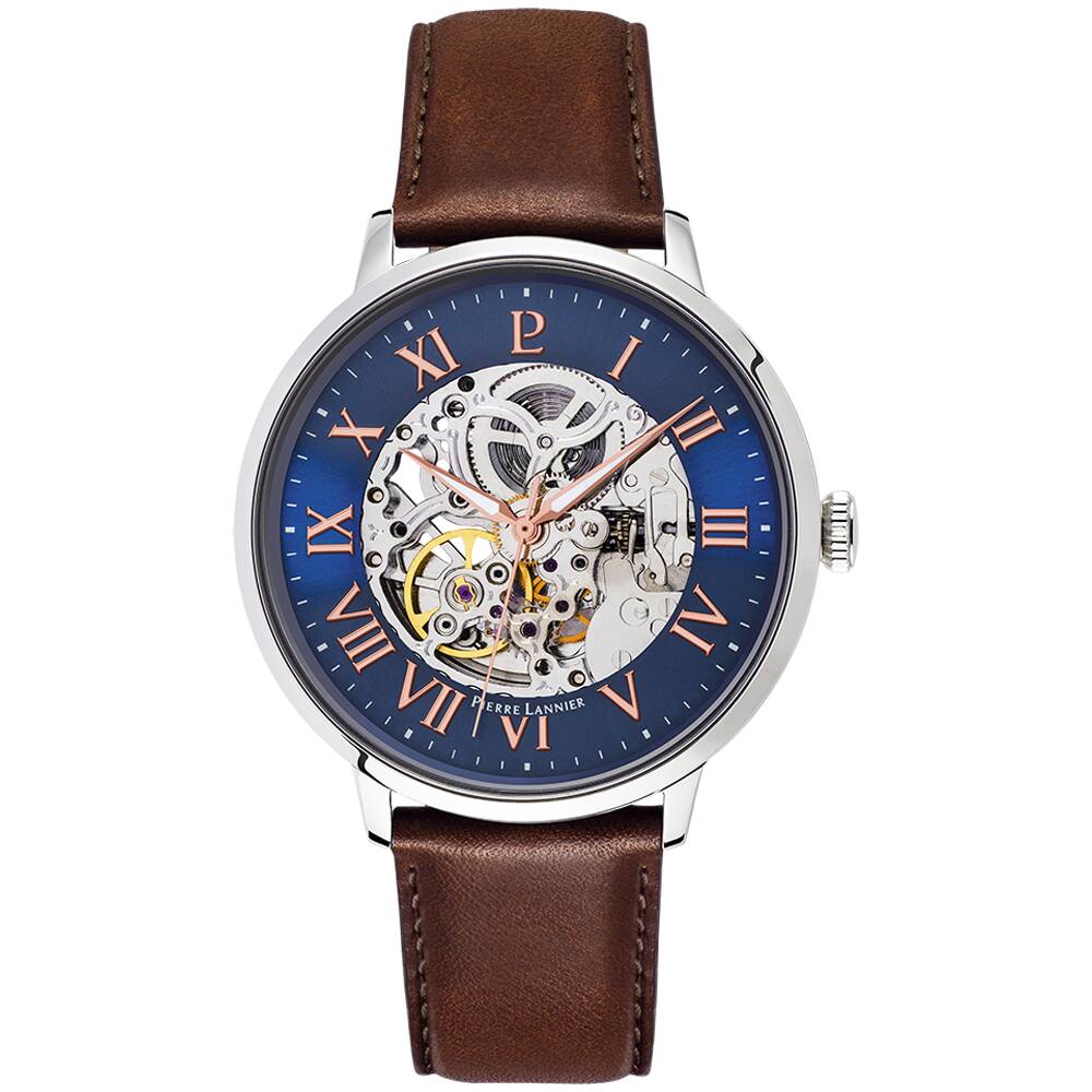 PIERRE LANNIER Men Automatic Watch AUTOMATIC Sunray Blue Dial Brown Leather 20MM Strap 322B164