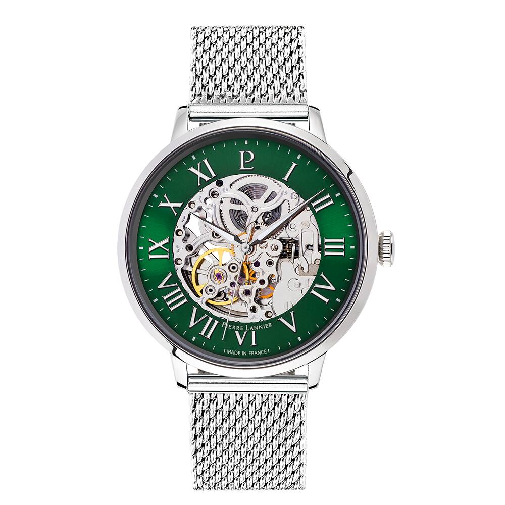 PIERRE LANNIER Men Automatic Watch AUTOMATIC Sunray Green Dial Silver Milanese stainless steel 20MM Strap 323D171
