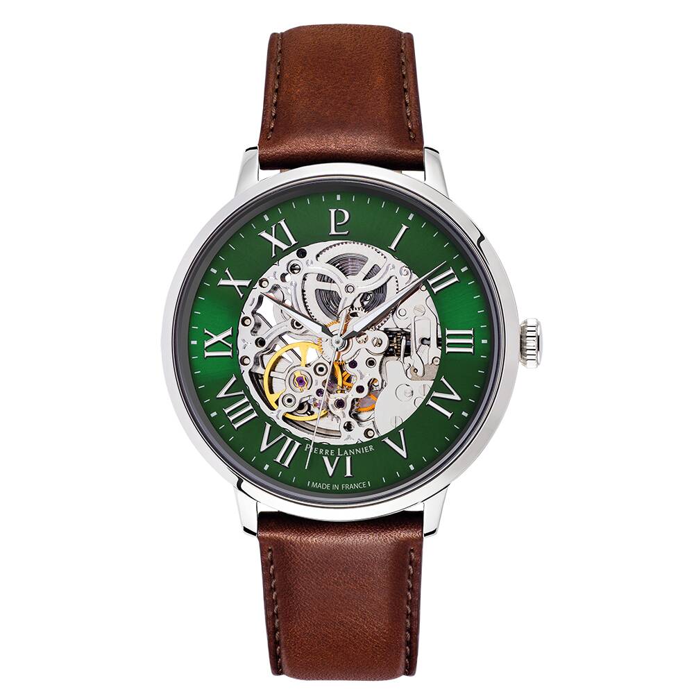 PIERRE LANNIER Men Automatic Watch AUTOMATIC Sunray Green Dial Brown Leather 20MM Strap 323D174
