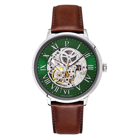 PIERRE LANNIER Men Automatic Watch AUTOMATIC Sunray Green Dial Brown Leather 20MM Strap 323D174