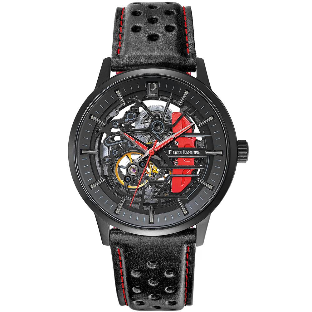 PIERRE LANNIER Men Automatic Watch PADDOCK Black Dial Black Perforated leather 22MM Strap 338A433